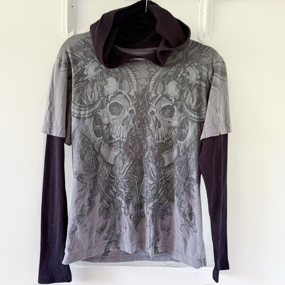Vtg Y2K MMA Elite Mens S M Skeleton Skull Layered Thermal Knit Hoodie Tee Shirt